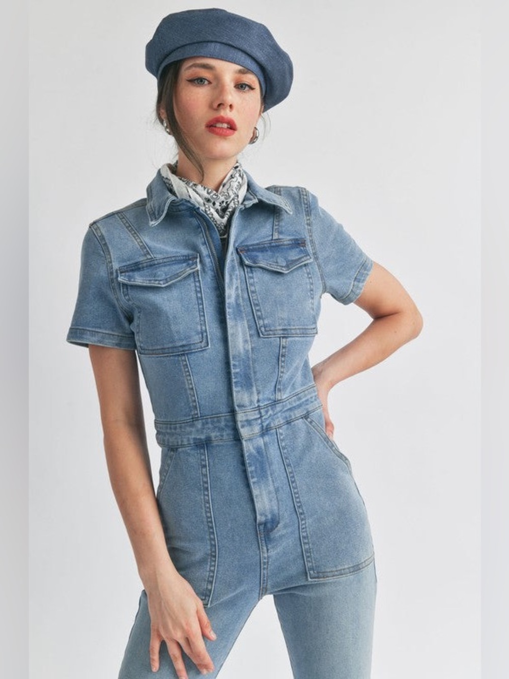 Good American Light Blue Denim Short-Sleeve Jumpsuit